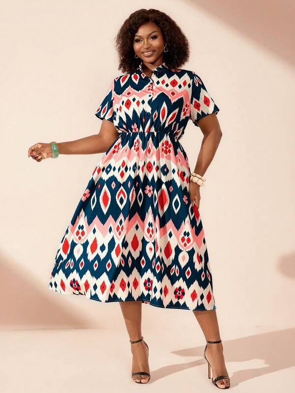 BrightlyHer Women's Plus Size Geometric Print Short Sleeve Dress Summer Outfits Abstract Bright Shirt Collar Vacation Office Navy Blue Casual Elegant