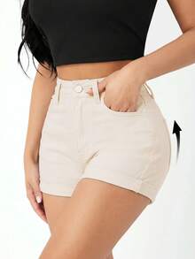 SHEIN PETITE 夏季休閒百搭純色修身牛仔短褲 - 卡其色 - 查看 6