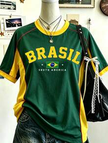 Lalippa Bestseller-Empfehlung, amerikanisches Vintage-Trikot mit Brasilien-Thema, Farbblock-Design, Rundhalsausschnitt, Kurzarm, Brasilien-inspiriertes Farbblock-Oberteil, Fußballfan, Spieltag, Sportgrafik, Teamgeist - Weiss - Übersicht 3