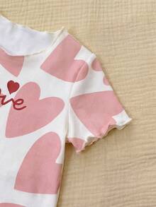 Newborn Baby Girl Cute Summer Casual Knit Pink Heart Pattern Short Sleeve Top And Elastic Waist Pants Set - Pink - View 3