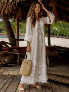 Elouméa Women's Spring/Summer French Casual Solid Color V-Neck Faux Lace Print Patchwork Lace Trim Loose Mid-Sleeve Dress, Suitable For Daily Wear And Home - Apricot - View 5
