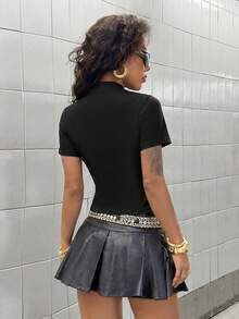 StreetHx Women's Fashion Sexy Front Zipper Denim Top - Black - View 2