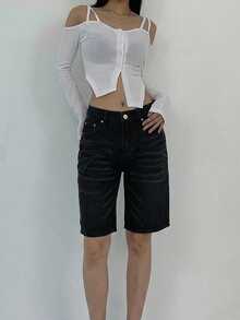 DAZY 女款寬鬆休閒百搭牛仔中長版口袋短褲 - 黑色 - 查看 3