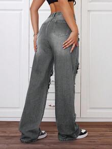 SHEIN ICON Damen-Jeans in großen Größen für den Sommer, avantgardistischer Streetstyle, mit Destroyed-Effekt und geradem Bein - Grau - Übersicht 2