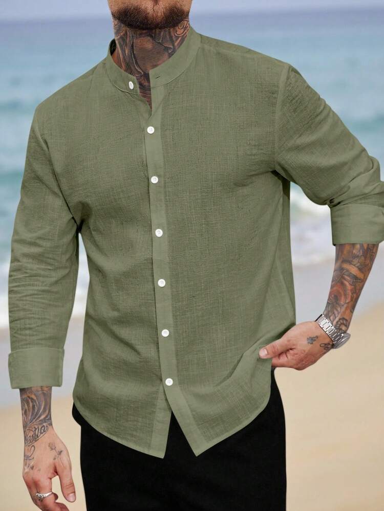 VENTUSAIL Men's Solid Color Mandarin Collar Button-Front Casual Long Sleeve Shirt Men Kurta Cotton Men Shirts Linen Men's Shirt - Army Green - View 1