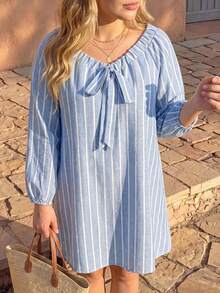 Vivid Eden Plus Size Women's Front Knot Striped Long Sleeve Casual Dress Vacation Hawaii Light Blue Autumn - Blue - View 10