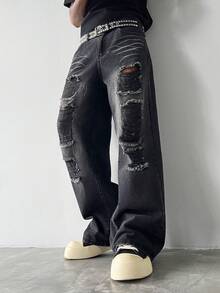 Manfinity EMRG 男士水洗做舊寬鬆牛仔褲，毛邊破洞丹寧長褲，Y2K復古Grunge街頭風 - 黑色 - 查看 7