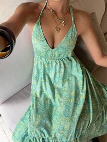 Sunnyshic Bohemian Vacation Series Fashion Halter Neck Sexy Backless Beach Classic Blue Print Summer Versatile New Women's Dress - Green - View 4