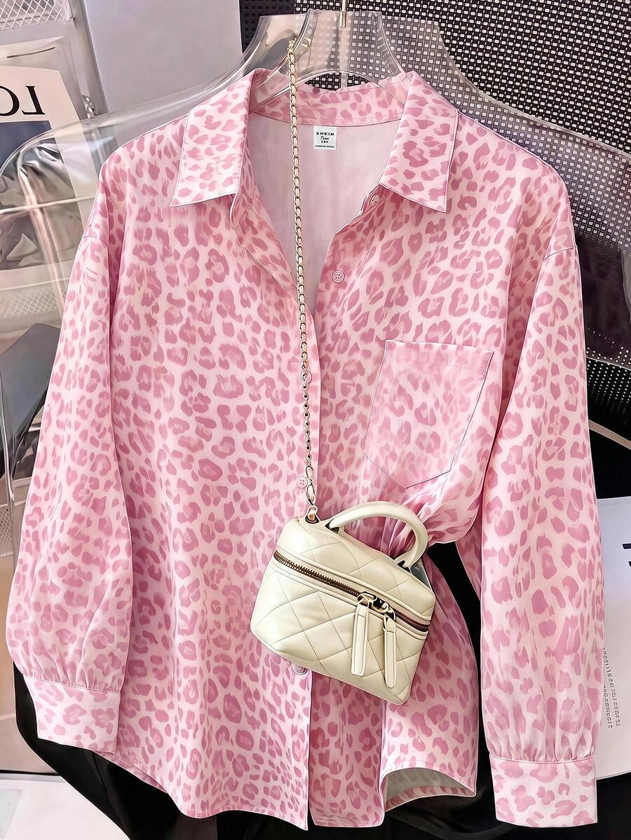SHEIN 青少年女孩編織粉色豹紋長袖休閒襯衫 - 粉色 - 查看 1