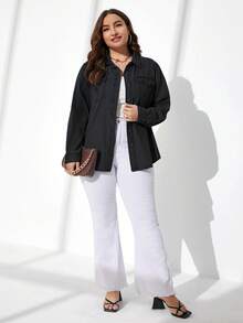 EMERY ROSE Plus Size Women's Long Sleeve Single-Breasted Utility Pocket Denim Shirt - Black - View 6