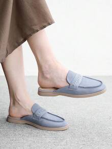 CUCCOO BIZCHIC 女士时尚蓝色绒面革舒适通勤平底穆勒鞋，女士平底拖鞋，适合户外购物和日常工作穿着的舒适平底女鞋 - 藍色 - 查看 2