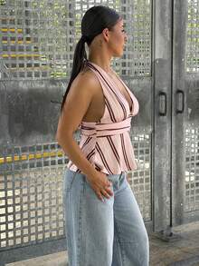 SAYEHFBABY Top sin mangas con cuello halter a rayas rosa y marrón para mujer, estilo vintage americano, para festival, noche de fiesta, club, vacaciones y verano, casual - Multicolor - Ver 3