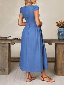 Elenzga Women's Summer Casual Square Neck Denim Dress - Blue - View 10