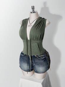 SHEIN ICON 大尺碼 Y2K 軍綠色連帽無袖收腰口袋背心，深 V 領連帽上衣 - 軍綠色 - 查看 4