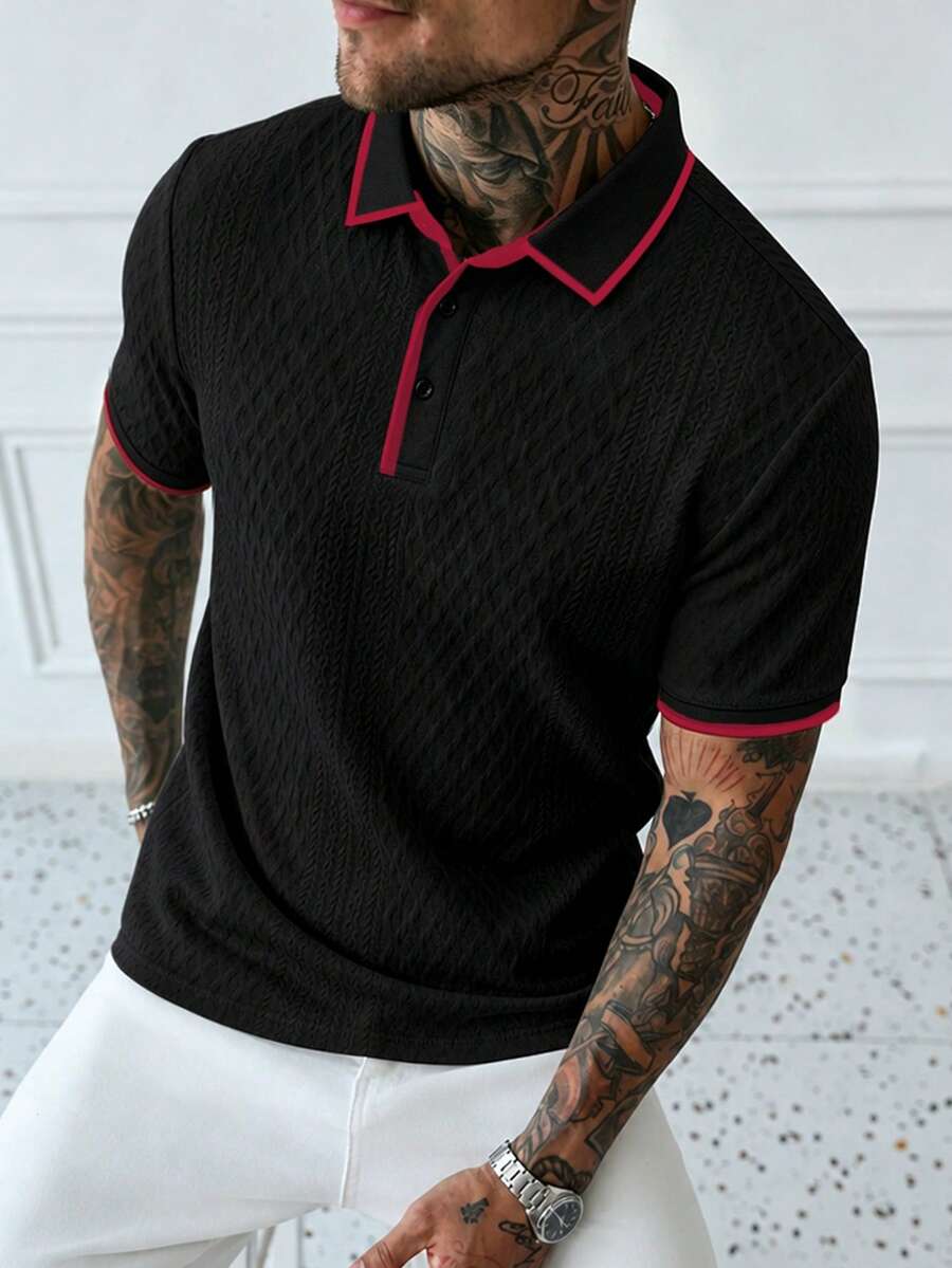 EGENSIO Camisa polo de hombre con cuello y puños acanalados, de unicolor, textura de jacquard, éxito de en negro y rojo - Negro - Ver 1