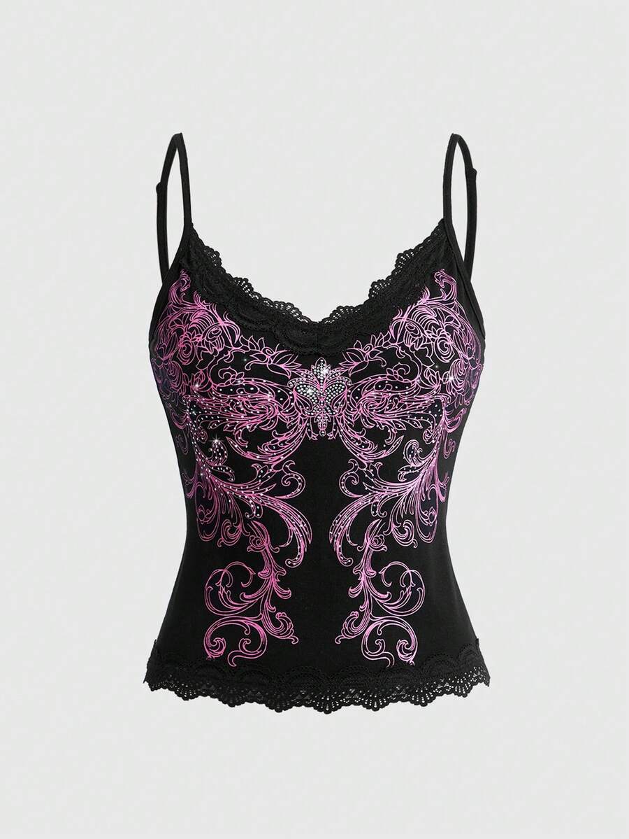 ROMWE Fairycore Spring/Summer Women's Solid Color Lace Patchwork Rhinestone Decor Camisole Tank Top - Multicolor - View 1