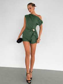 Siren Gaze Women's Summer New Asymmetrical Shoulder Pleated Metal Decor Asymmetric Hem Top And Shorts Set Going Out Party Army Green Elegant Sexy - Green - View 5