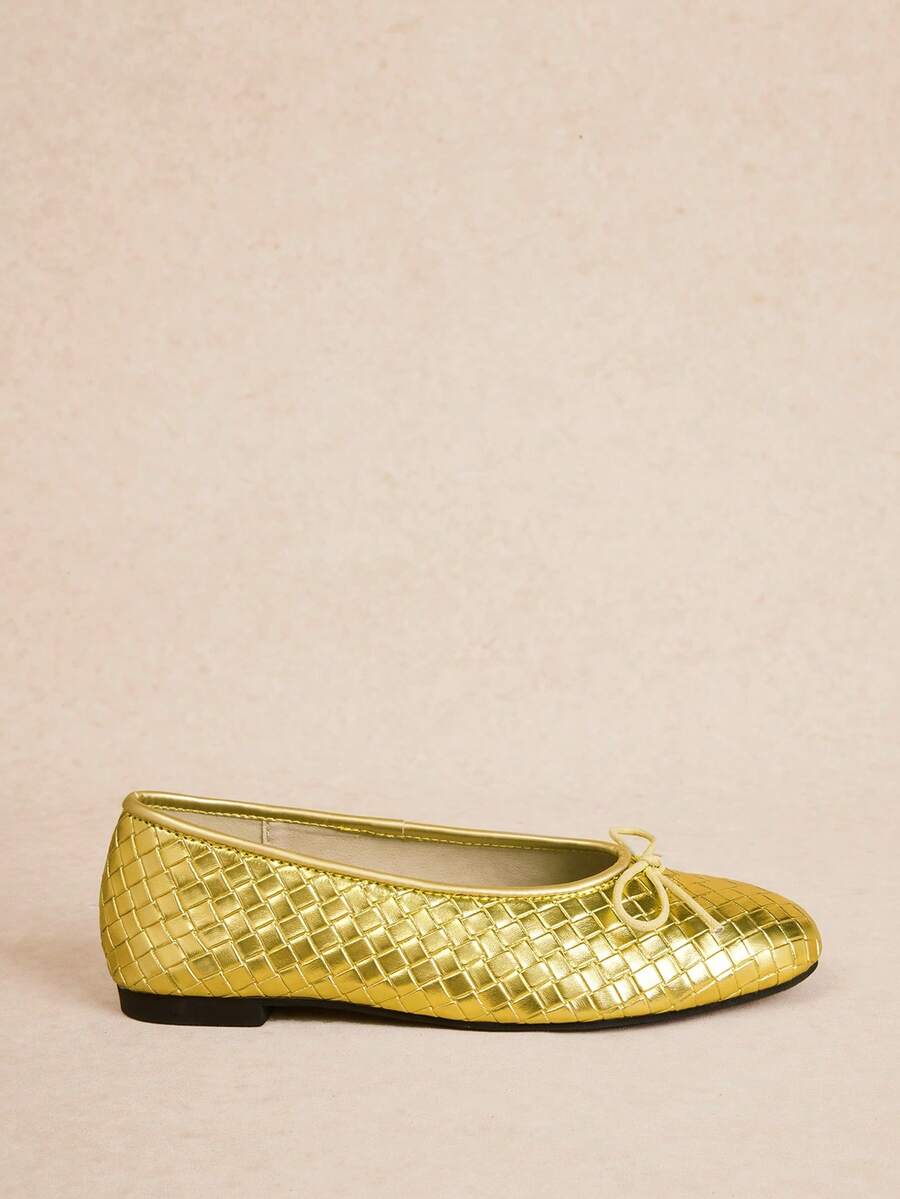 Rosivie Women's Woven Ballet Flats, Round Toe Bow Decoration Casual Soft Sole Slip-On Daily Walking Flats - Gold - View 1