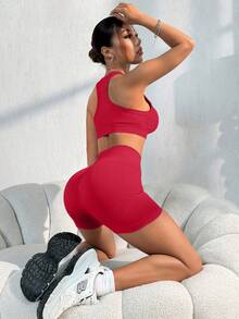 SHEIN Sovereign Charm Conjunto deportivo de top corto y shorts de unicolor - Naranja Coral - Ver 4