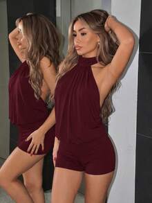 SHEIN ICON Y2K夏季女款派對外穿黑色性感哥德風露背裝 - 酒紅色 - 查看 7
