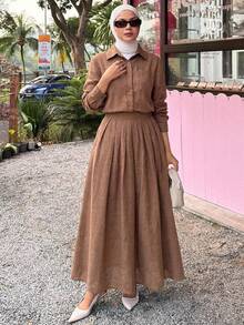 DAZY Spring/Summer Women's Casual Style Shirt & A-Line Skirt 2 Pieces Set - Brown - View 2