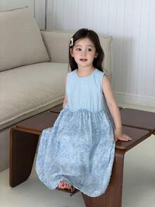 DAZY Infant/Toddler (Girl) Round Neck Sleeveless Patchwork Korean Style Spring/Summer Dress - Blue - View 4