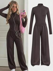SHEIN Teen Girls Autumn/Winter New Casual Sports Knit Brown Solid Color Stand Collar Slim Fit Jacket & Pants Set - Brown - View 7