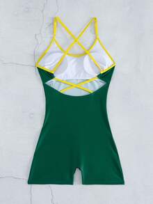 Swim SPRTY 女款純色夏季海灘連身泳衣，交叉綁帶設計，露背無袖修身運動泳裝 - 綠色 - 查看 4