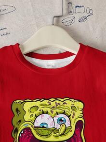 SpongeBob SquarePants | SHEIN 青少年男孩夏季休閒趣味卡通圖案圓領短袖T恤 - 白色 - 查看 3