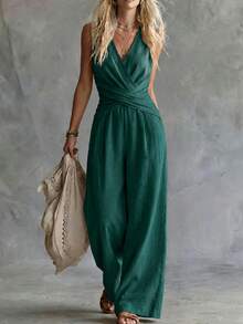 Trelyra 女款無袖V領收腰寬腿連身褲 2026新款 百搭度假沙灘風 卡其色純色 休閒通勤居家穿搭 - 墨綠色 - 查看 3