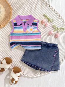 SHEIN Elladie kids 2件組少女夏季杏色紋理針織領心形背心上衣與牛仔裙褲，附荷葉邊下擺與櫻桃刺繡，復古可愛套裝 - 紫色 - 查看 3