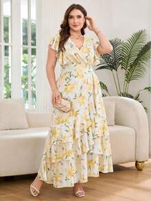 Reflora Plus Size Women's Vacation Floral Print Ruffle Short Sleeve Elegant Multi-Layered Ruffle Hem Dress All White Summer Party Wedding Guest - Yellow - View 8
