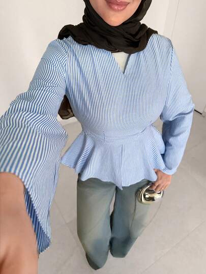 Solavon Blusa Casual Feminina Listrada com Cintura Marcada para o Dia a Dia