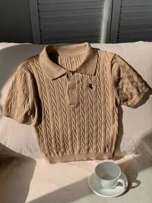Comfortcana Women's Equestrian Embroidered Short Sleeve Button Half-Placket Knit Top - Khaki - View 7