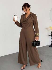 Firerie Elegant Chocolate Brown Jumpsuit Suitable For Casual Office Formal Evening Or Daily Wear Featuring Long Sleeves Draped Neckline Teachers' Day Autumn - Brown - View 4
