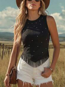 Wildy Áo crop top đen đính đinh tua rua phong cách BOHO mùa hè, lễ hội âm nhạc Western, du lịch, concert Western, rave mùa hè châu Âu - màu đen - Xem 1