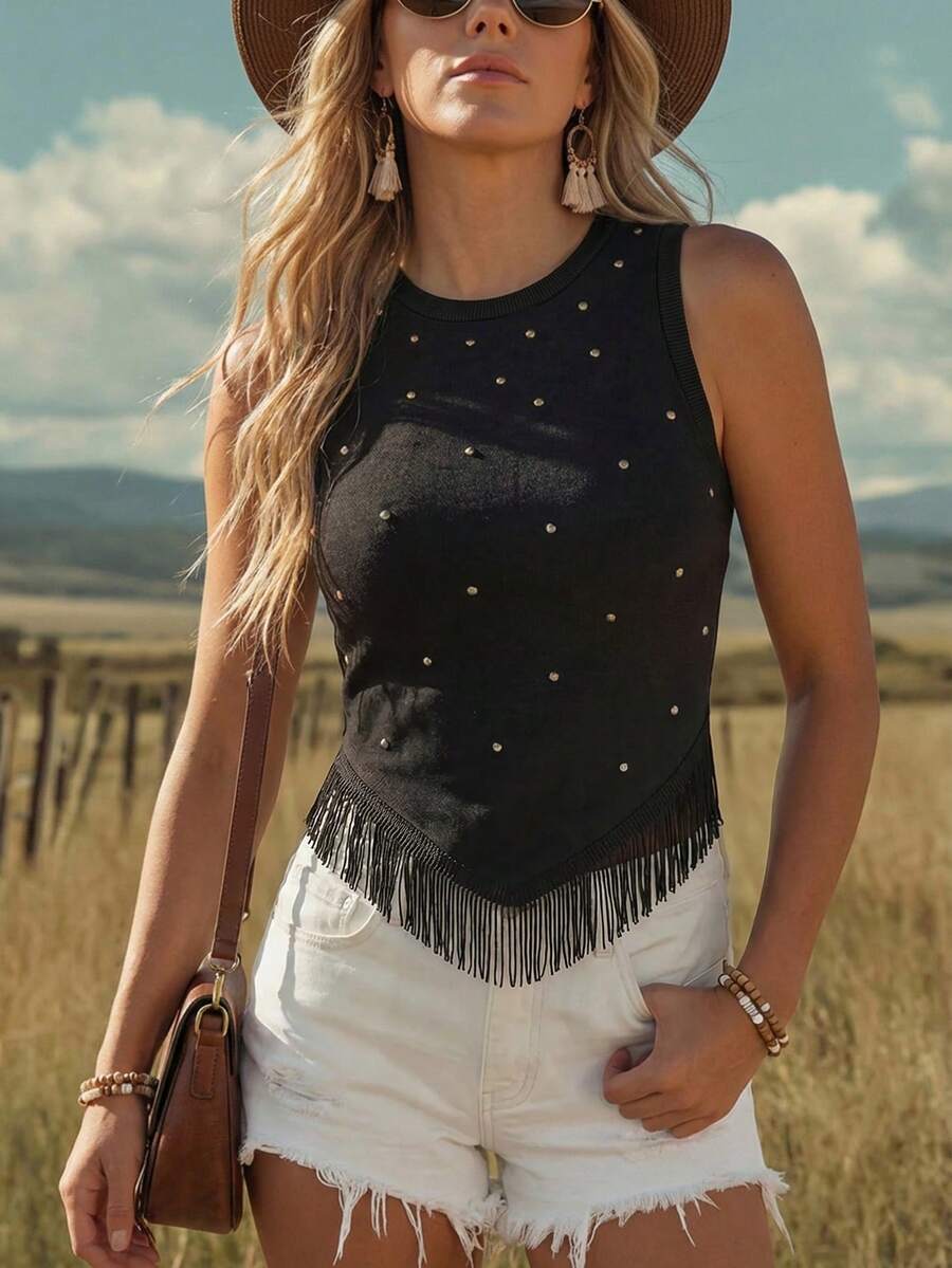 Wildy Áo crop top đen đính đinh tua rua phong cách BOHO mùa hè, lễ hội âm nhạc Western, du lịch, concert Western, rave mùa hè châu Âu - màu đen - Xem 1