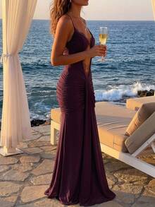 Aloruh Robe de soirée de fête élégante et sexy en patchwork de dentelle violet foncé extra longue - Prune - Voir 2