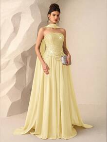 Coutiva Elegant Evening Gown, Long Sleeve Sequin Glitter Slim Fit Dress For Formal Party - Light Yellow - View 6