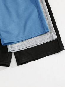 SHEIN 買2送1，3件組兒童青少年男孩休閒軟綿衛衣布料運動短褲套裝，麻灰色黑色藍色短褲，夏季上衣短褲男孩套裝 - 彩色 - 查看 3
