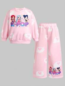 Young Girl Young Girl Casual Cute Pink Crew Neck Loose Sweatshirt And Sweatpants 2-Piece Set - Pink - View 4