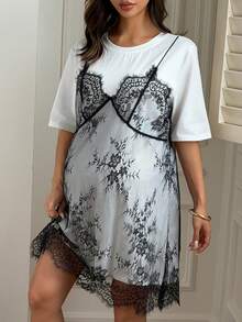 Dazy Maternity White Round Neck Short Sleeve T-Shirt Dress With Lace Strap 2 In 1 Loose Fit Maternity Dress For Spring And Summer Cute Tops - Black and White - View 6