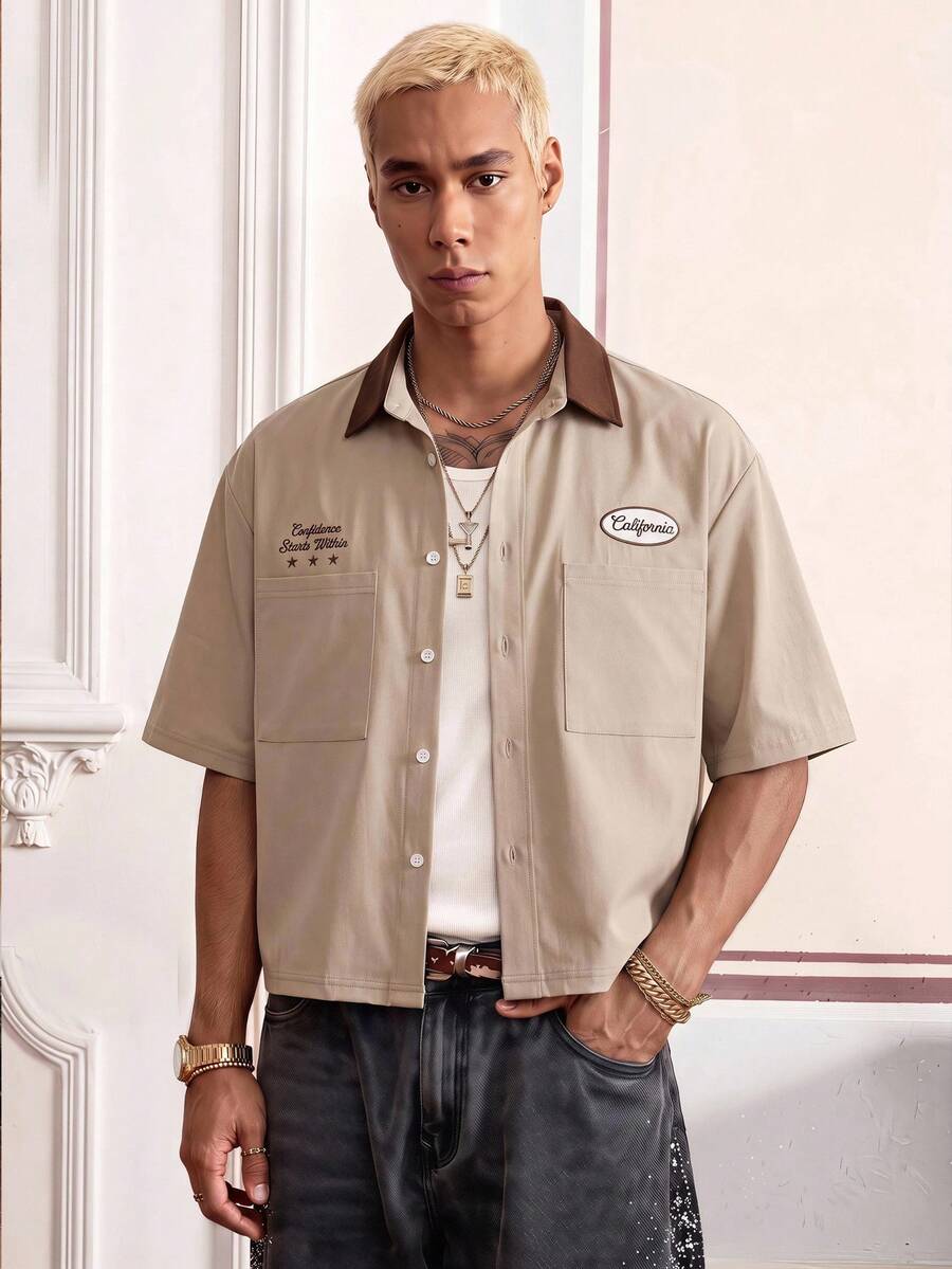 SWAVVY Men's Letter Embroidered Pocket Single-Breasted Short Sleeve Shirt - Coffee Brown - View 1