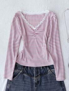 Tween Girl Tween Girls Striped Ruched Chest Long Sleeve Lace Trim - Pink - View 3