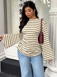 Easura Women's Autumn/Winter Wide Collar Flared Sleeve Pleated Ribbed Ribbed Top - Multicolor - View 4
