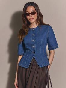COSMINA Denim 女款短袖單排扣休閒牛仔襯衫 - 藍色 - 查看 4