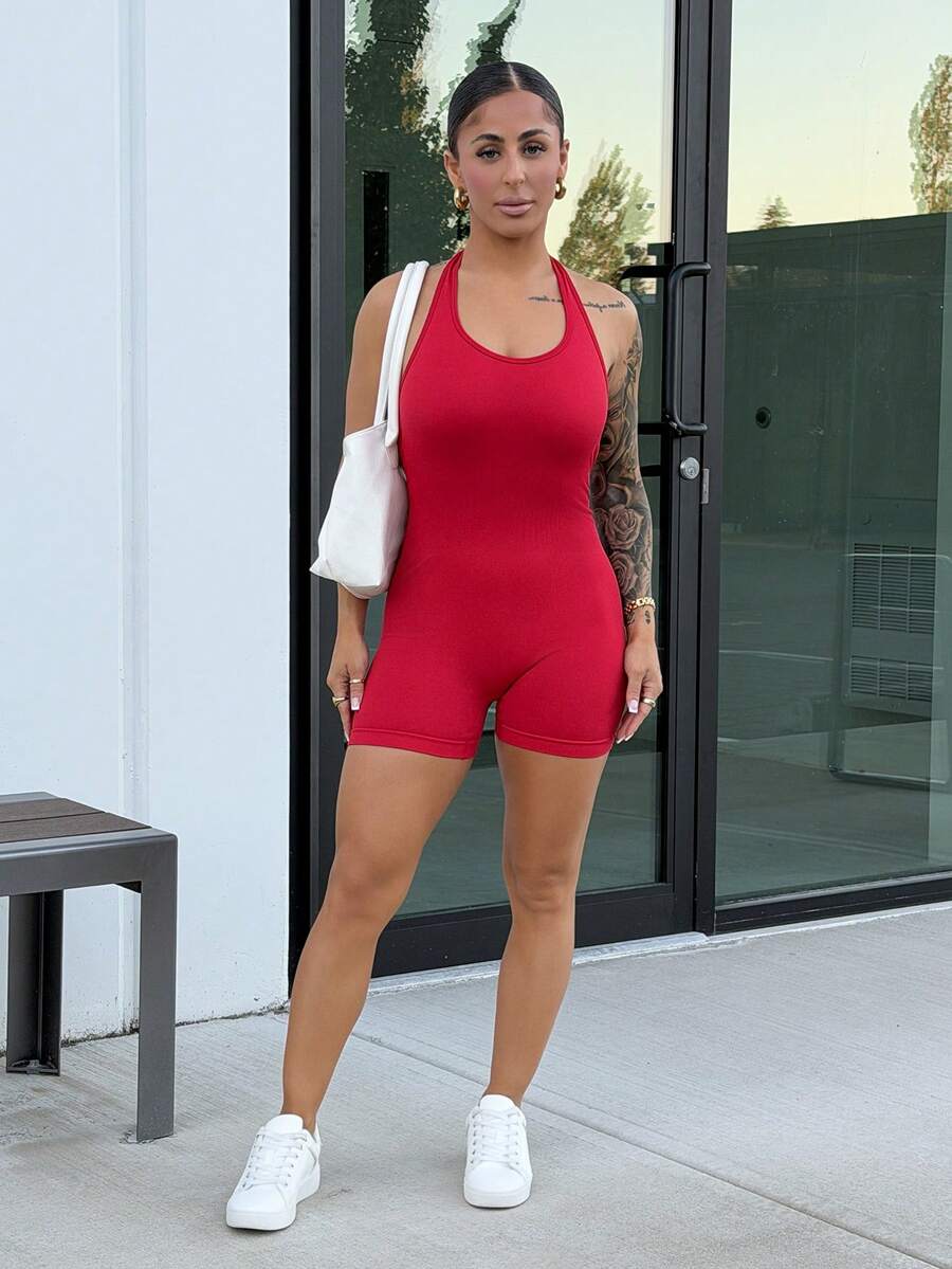 SAYEHFBABY Seamless Knit Halter Backless V-Waist Adjustable Strap Women Sports Jumpsuit - Red - View 1