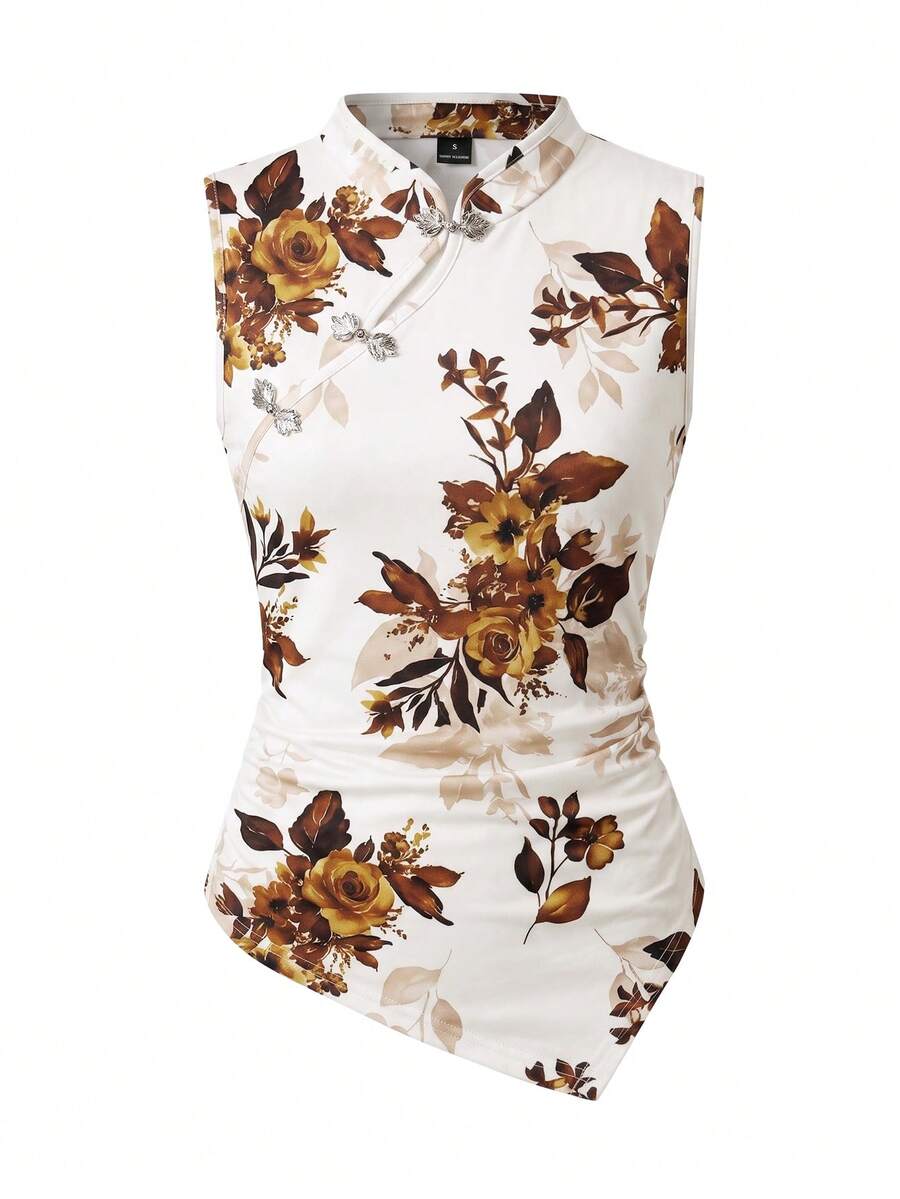 SHEIN PariChic Women's Floral Print Frog Button Design Asymmetrical Hem Tank Top - Yellow - View 1