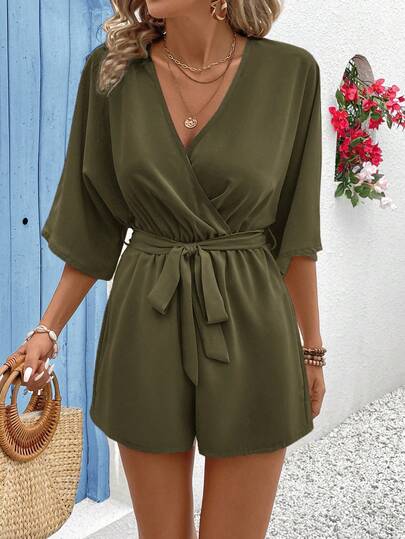 Vivid Eden Women's Summer V-Neck Criss-Cross Wrap Waist Tie-Up Lace Trim Textured Fabric Casual Vacation Romper