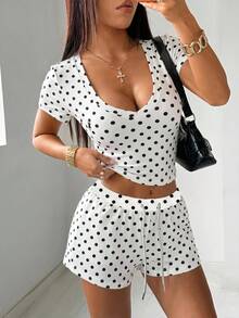 SHEIN EZwear 夏季經典復古波點印花百褶短袖上衣與抽繩腰短褲運動套裝，灰色2件套，舒適2件套 - 彩色 - 查看 3